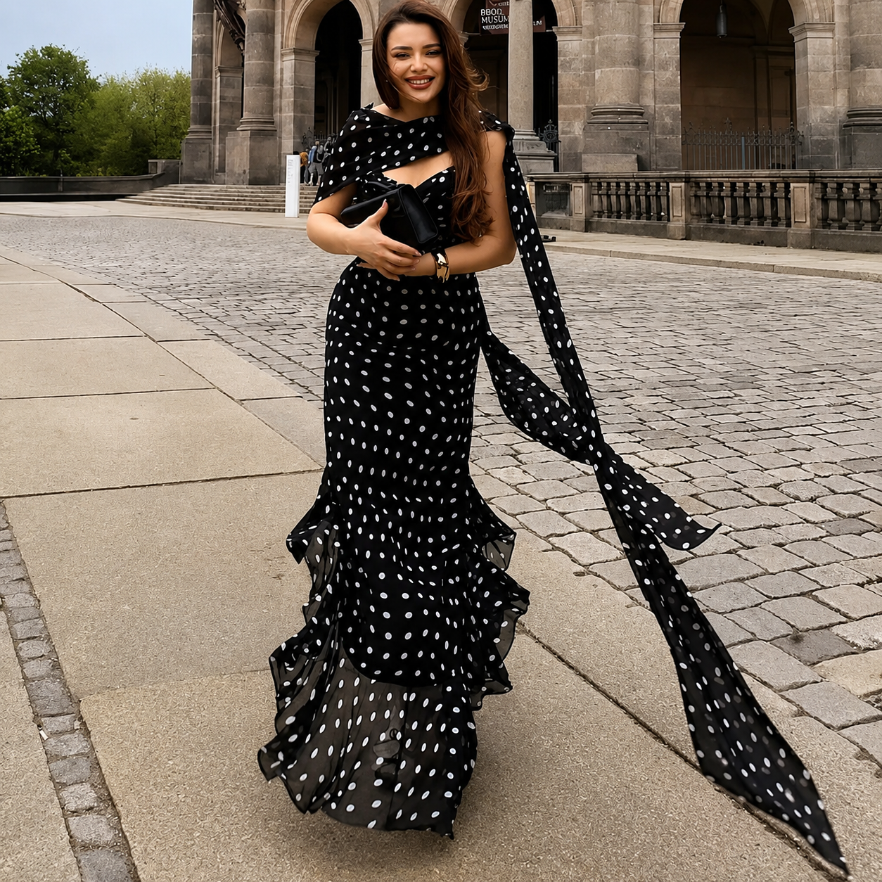 Polka Dot Print Sleeveless Long Summer Dress With Ruffle Hem And Scarf Accent For Women