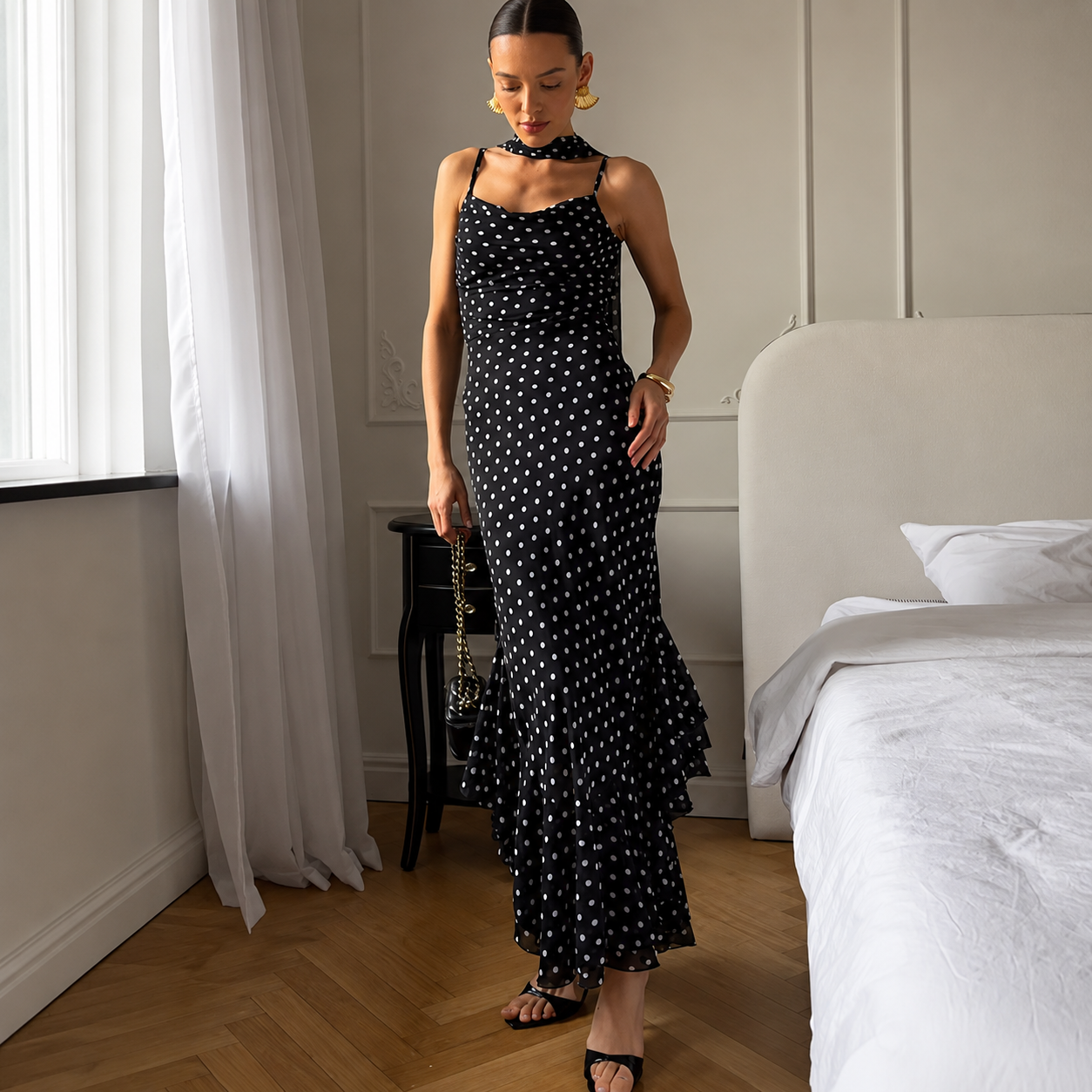 Polka Dot Print Sleeveless Long Summer Dress With Ruffle Hem And Scarf Accent For Women