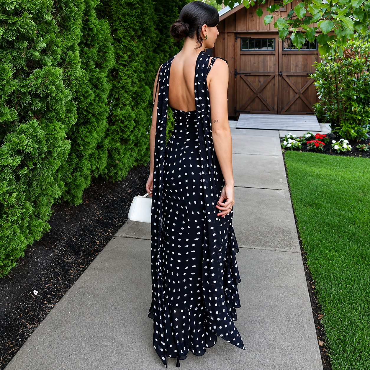 Polka Dot Print Sleeveless Long Summer Dress With Ruffle Hem And Scarf Accent For Women