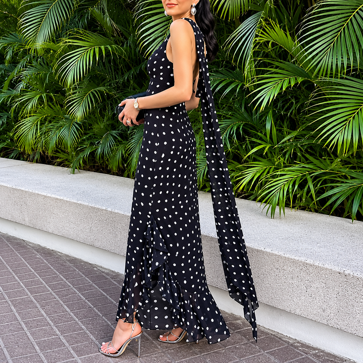 Polka Dot Print Sleeveless Long Summer Dress With Ruffle Hem And Scarf Accent For Women