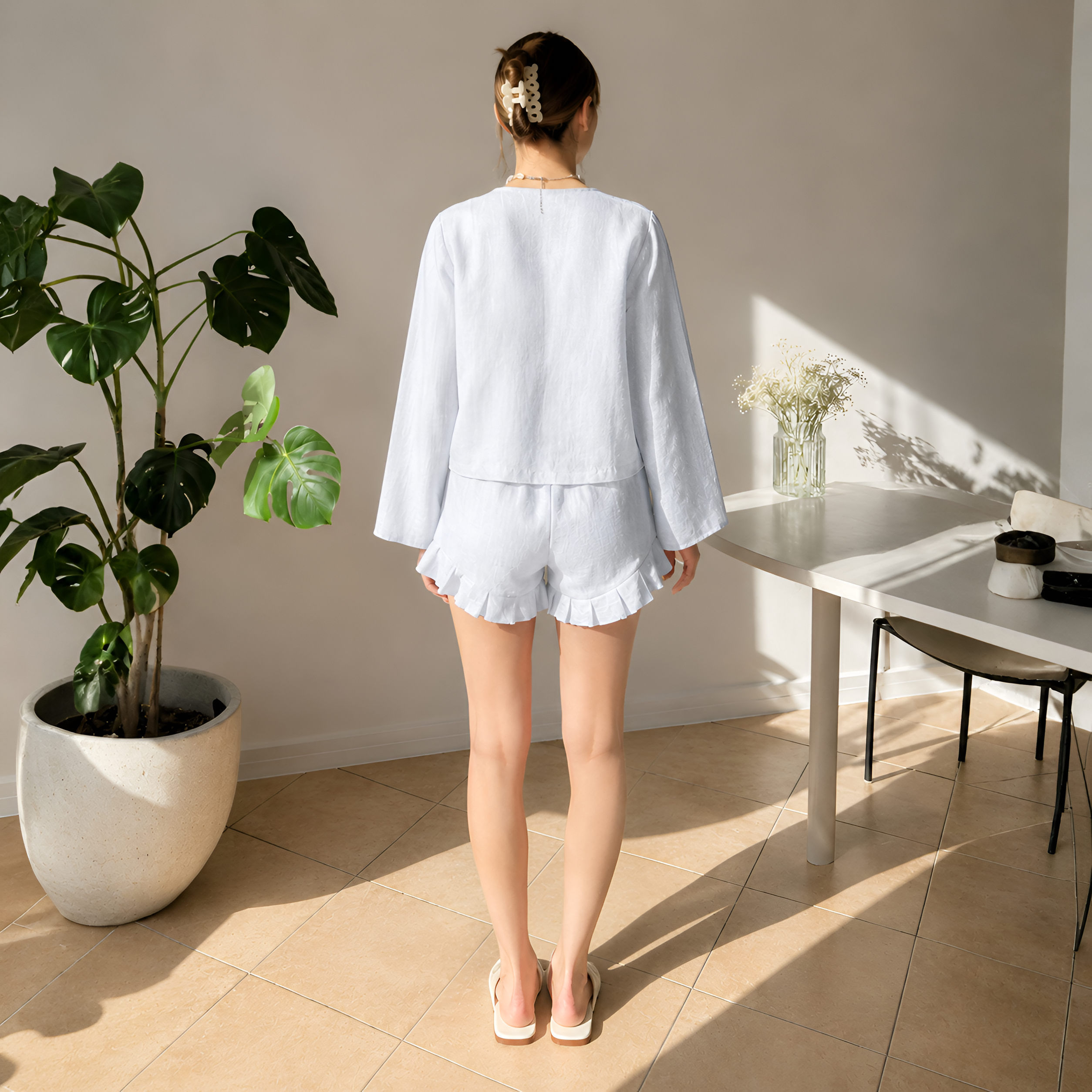 Loose Fit Long Sleeve Top And Flounce Shorts 2 Piece Set For Women