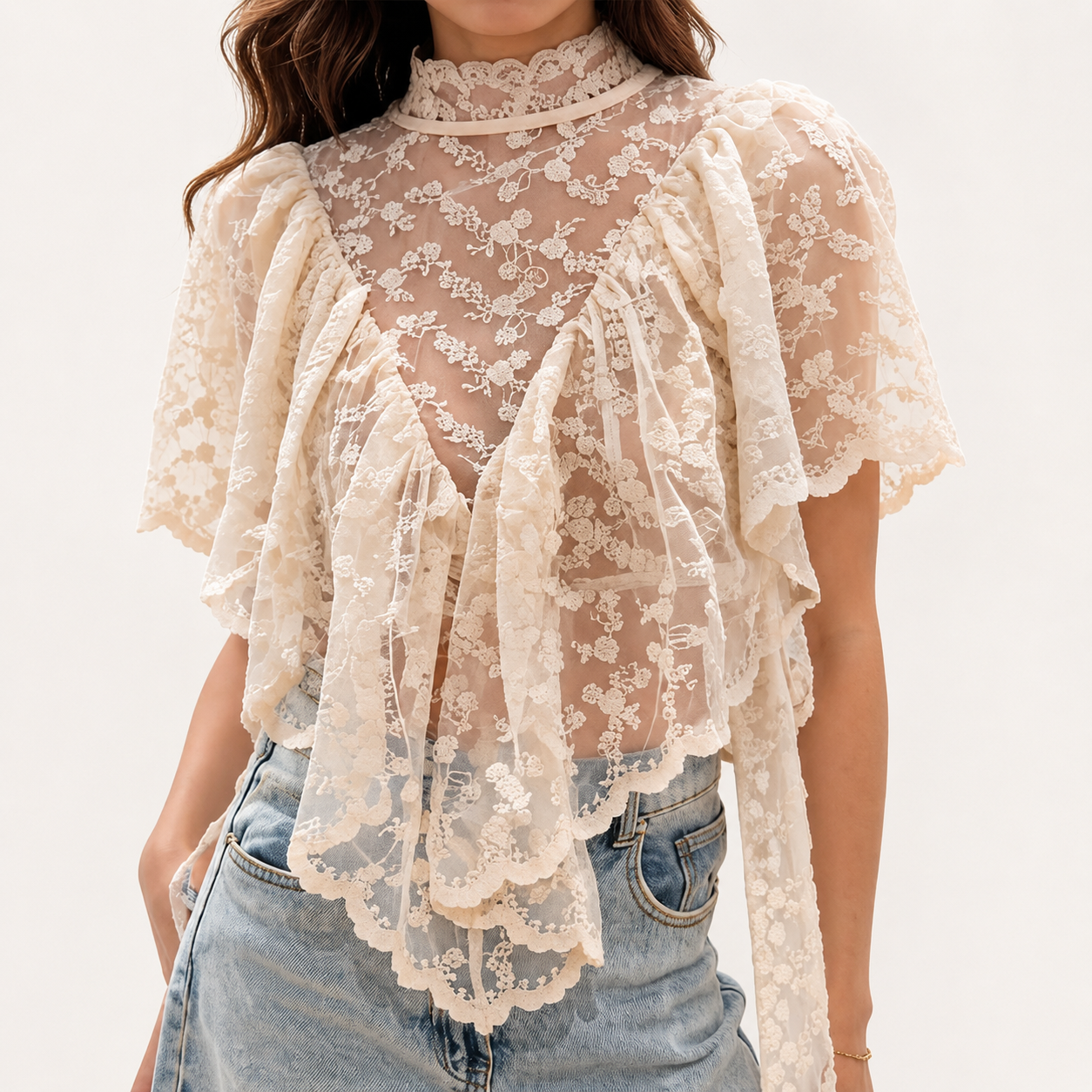 Flowy Ruffle Design Sheer Blouse With Lace Detail For Women