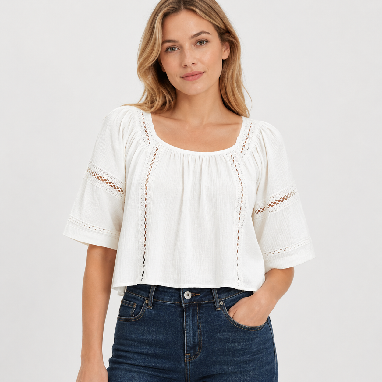 Boho Tie Front Flowy Sheer Short Sleeve Lace Ruffle Top For Women