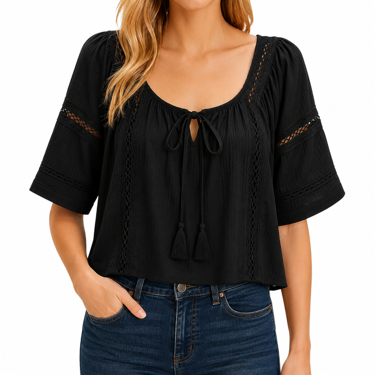 Boho Tie Front Flowy Sheer Short Sleeve Lace Ruffle Top For Women