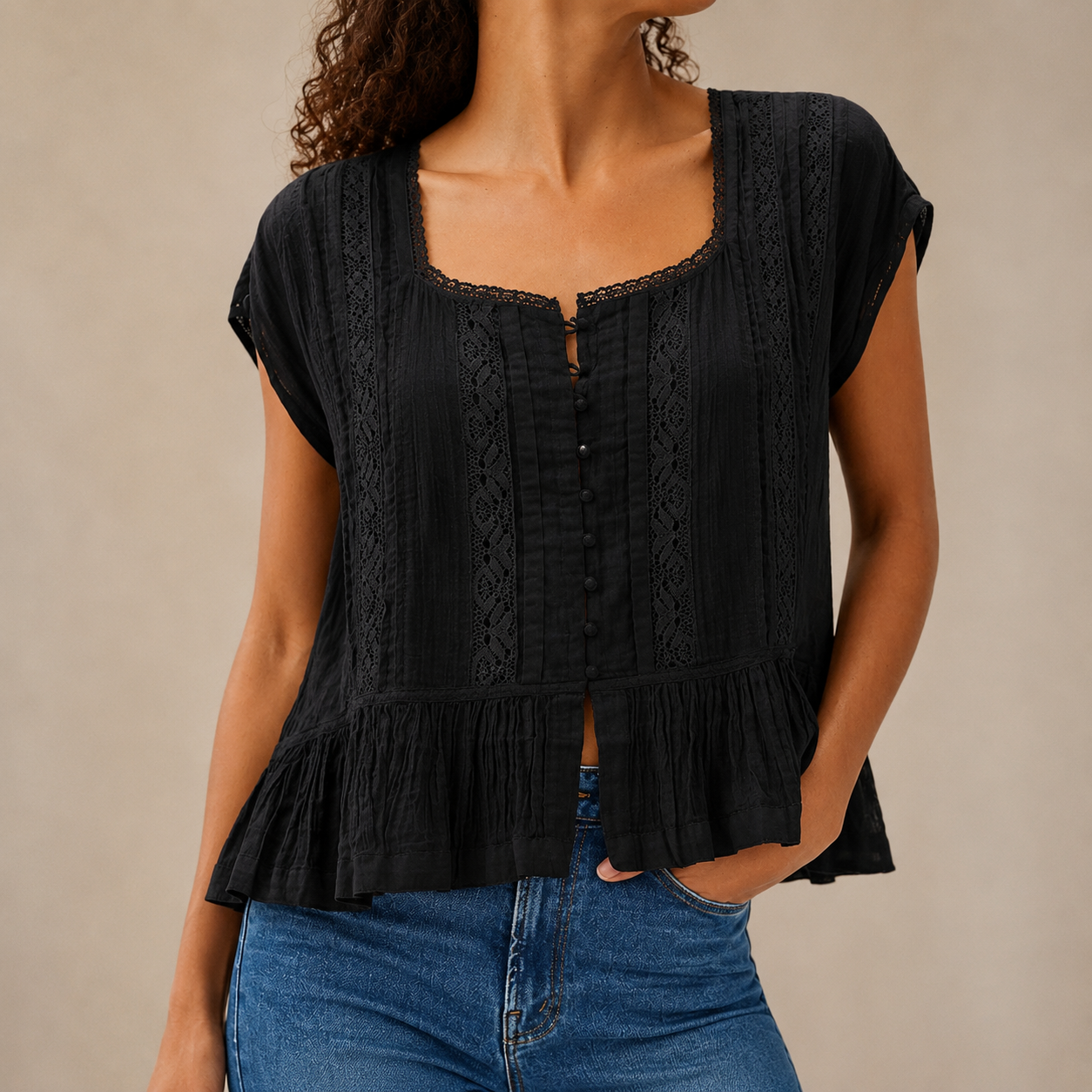 Boho Tie Front Flowy Sheer Short Sleeve Lace Ruffle Top For Women
