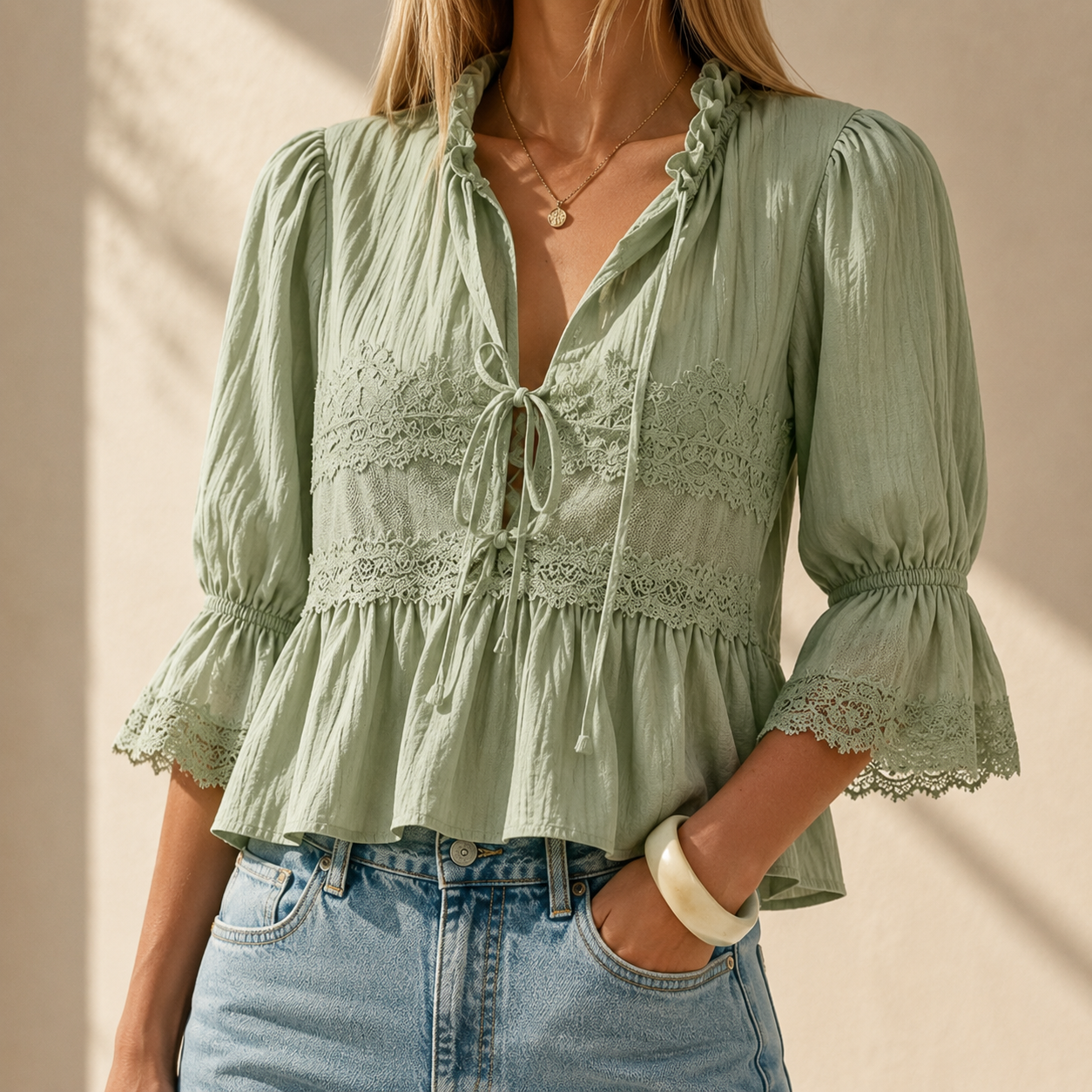 Boho Tie Front Flowy Sheer Short Sleeve Lace Ruffle Top For Women
