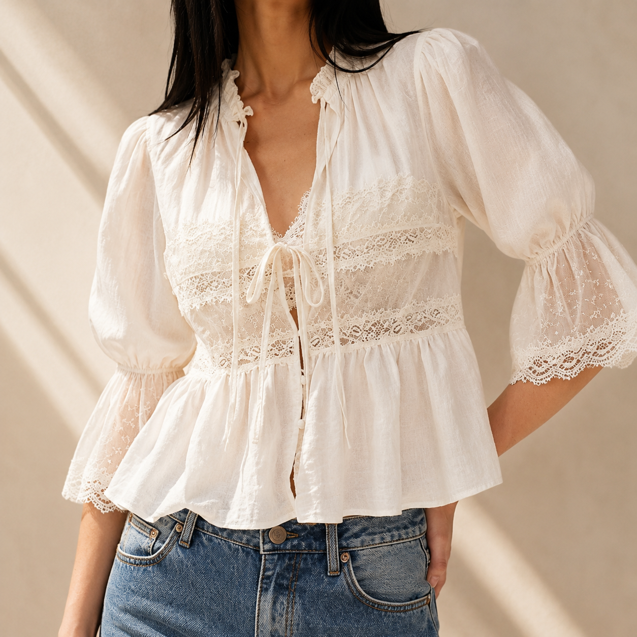 Boho Tie Front Flowy Sheer Short Sleeve Lace Ruffle Top For Women