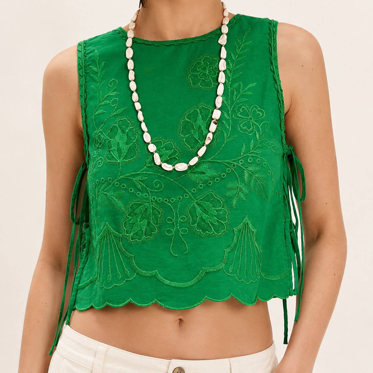 Floral Embroidered Cropped Tank Top With Tie Up Detail For Women