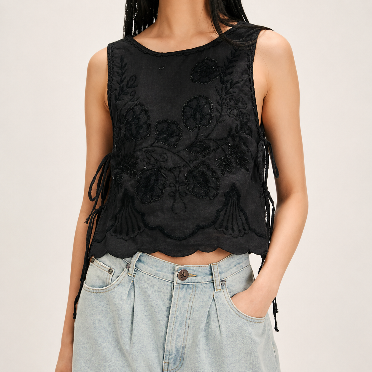 Floral Embroidered Cropped Tank Top With Tie Up Detail For Women