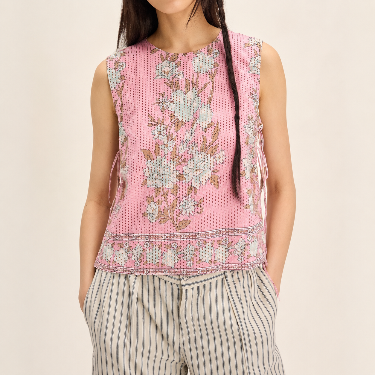 Floral Embroidered Cropped Tank Top With Tie Up Detail For Women