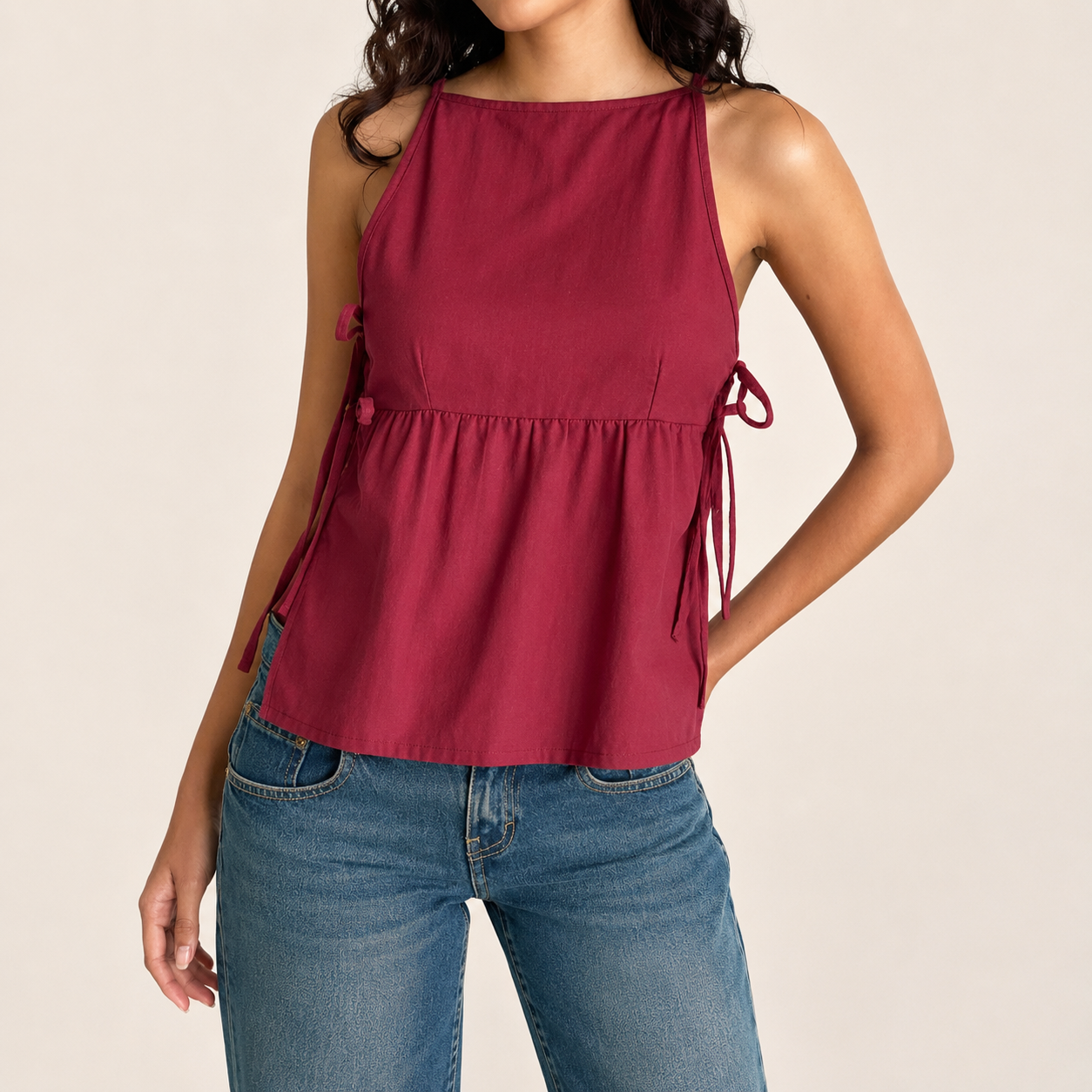 Floral Embroidered Cropped Tank Top With Tie Up Detail For Women