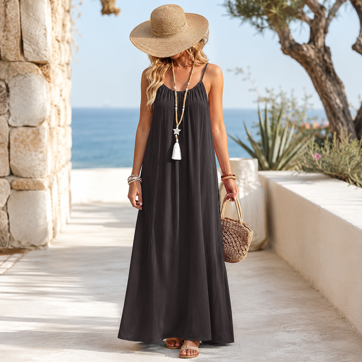 Backless Cami Maxi Sundress With Spaghetti Straps And Beach Style For Women