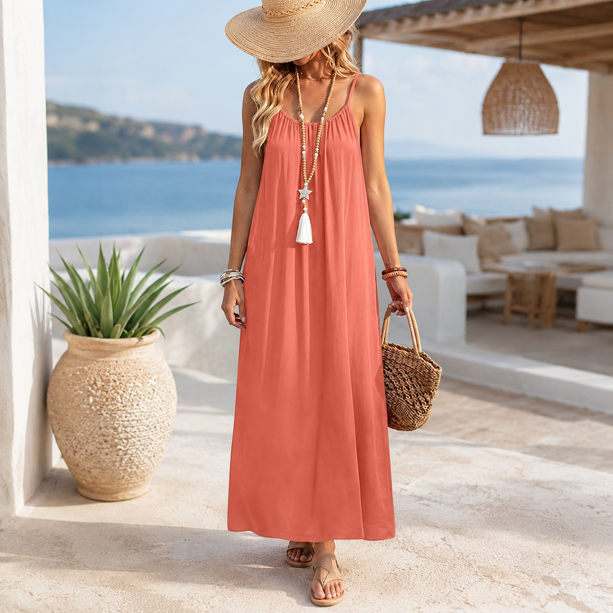 Backless Cami Maxi Sundress With Spaghetti Straps And Beach Style For Women
