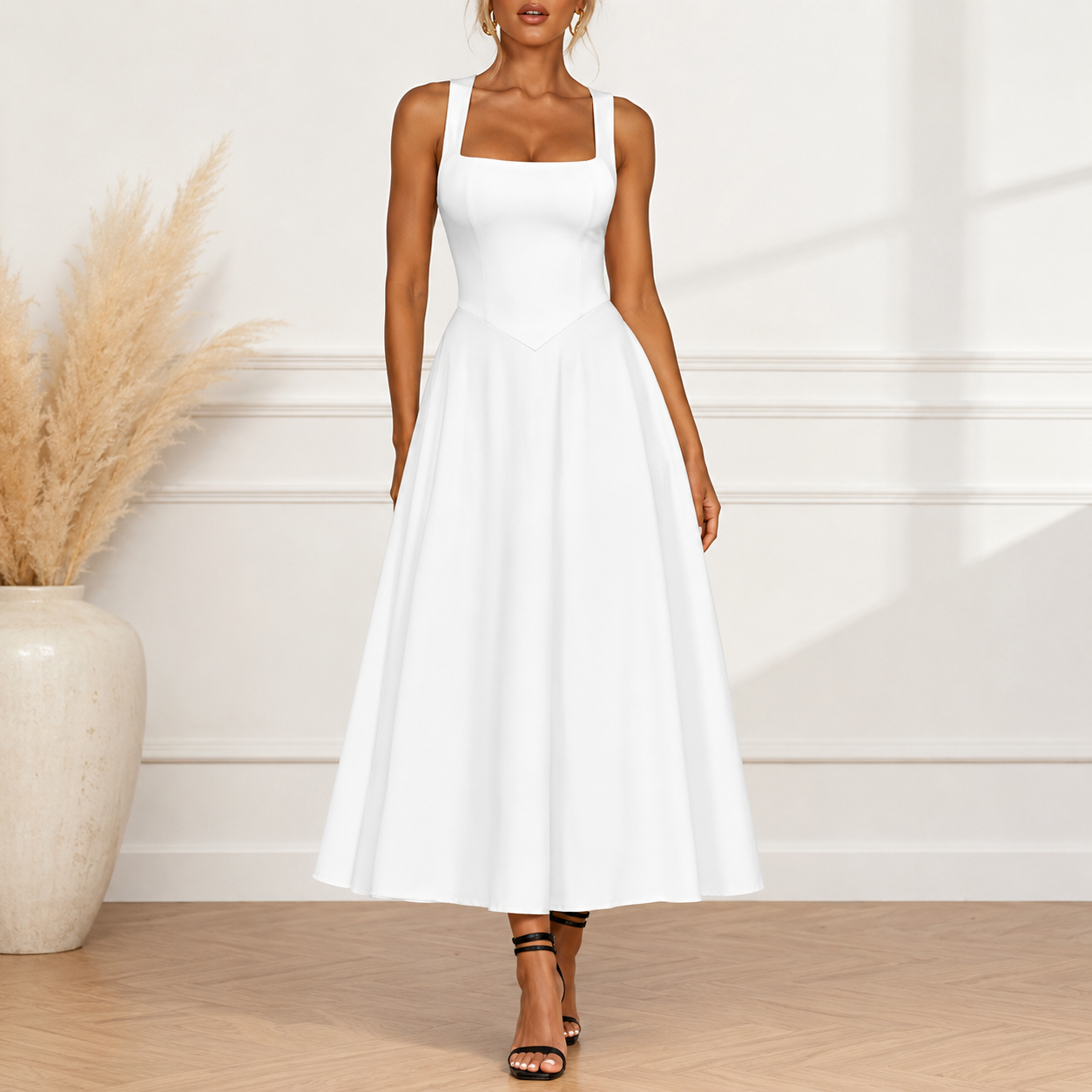 Sleeveless A Line Smocked Ruffle Flowy Maxi Dress 