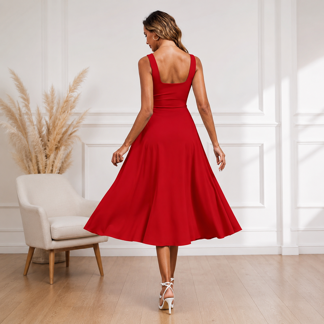Sleeveless A Line Smocked Ruffle Flowy Maxi Dress 