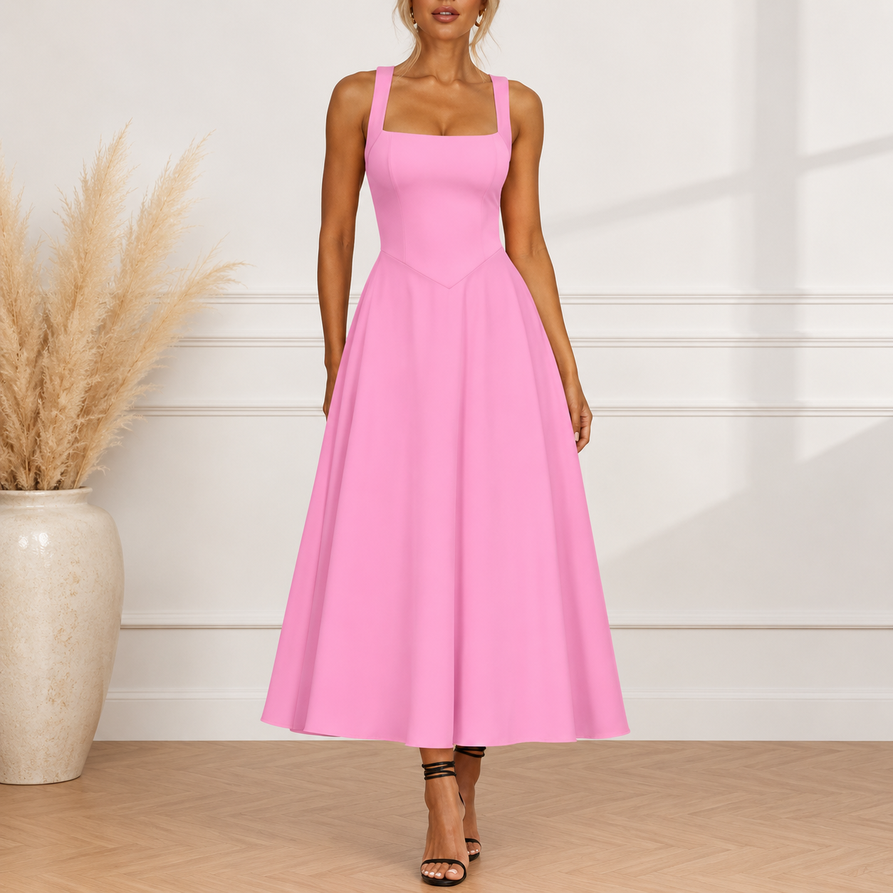 Sleeveless A Line Smocked Ruffle Flowy Maxi Dress 