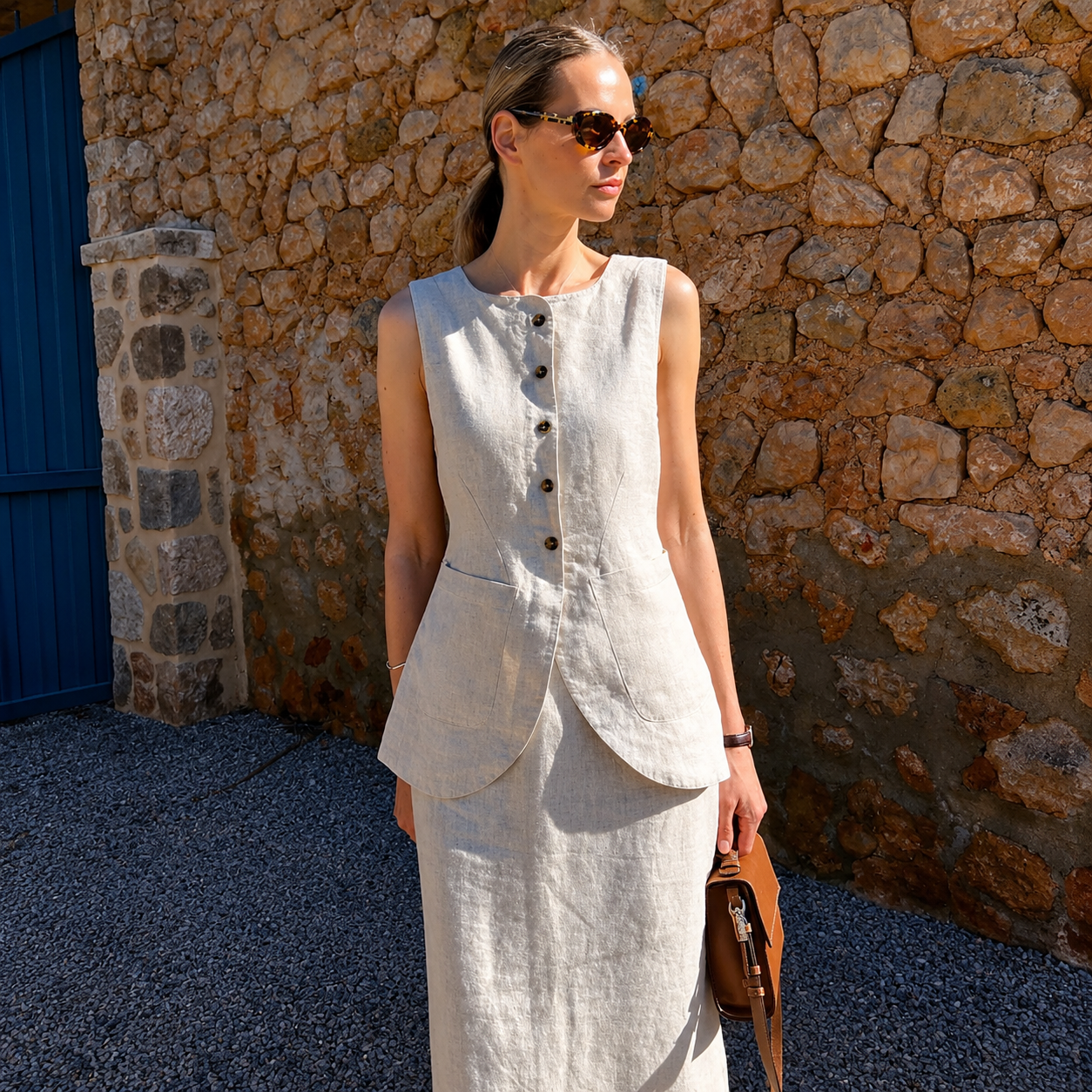 Sleeveless Button Front Vest With Long Skirt Two Piece Outfit Set For Women