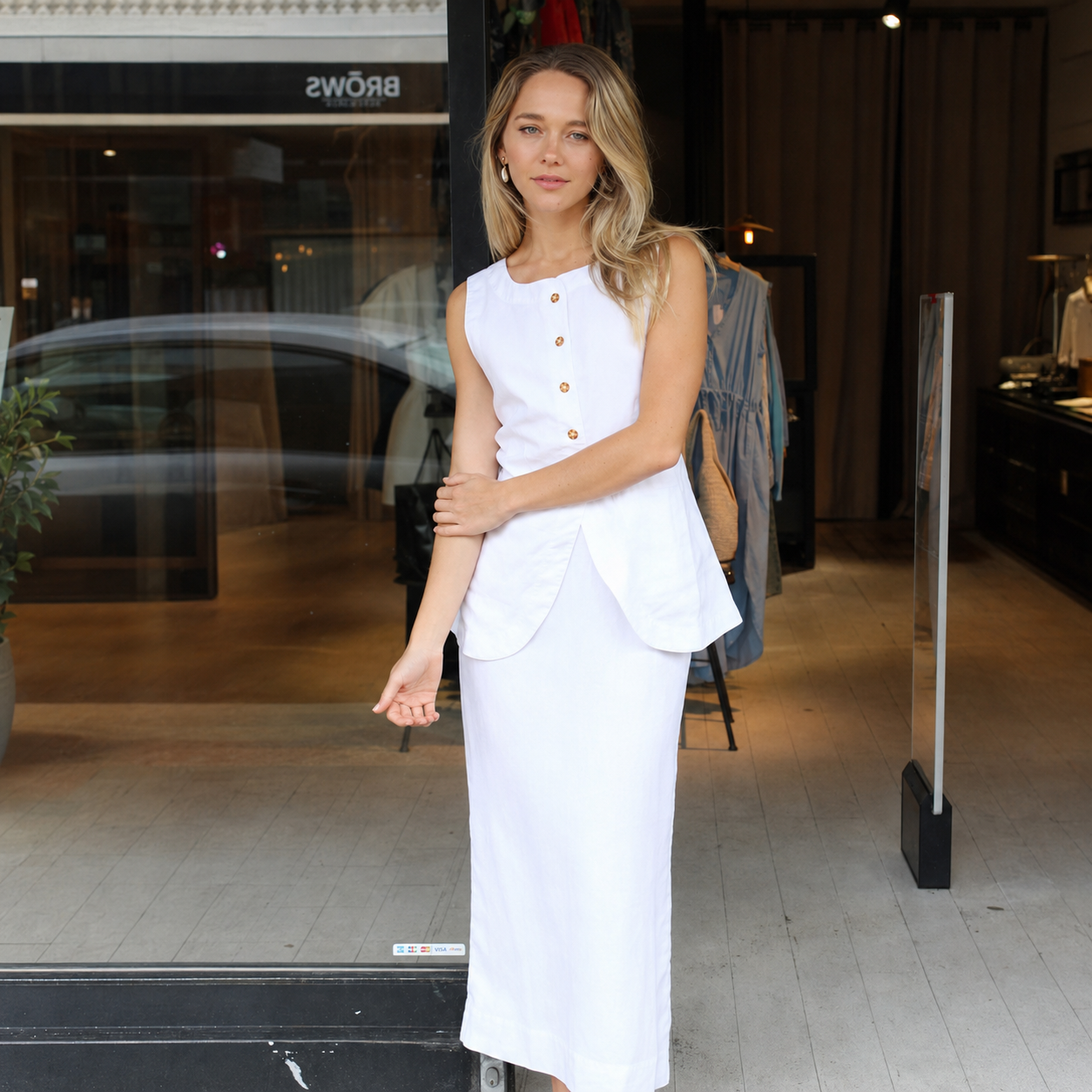Sleeveless Button Front Vest With Long Skirt Two Piece Outfit Set For Women