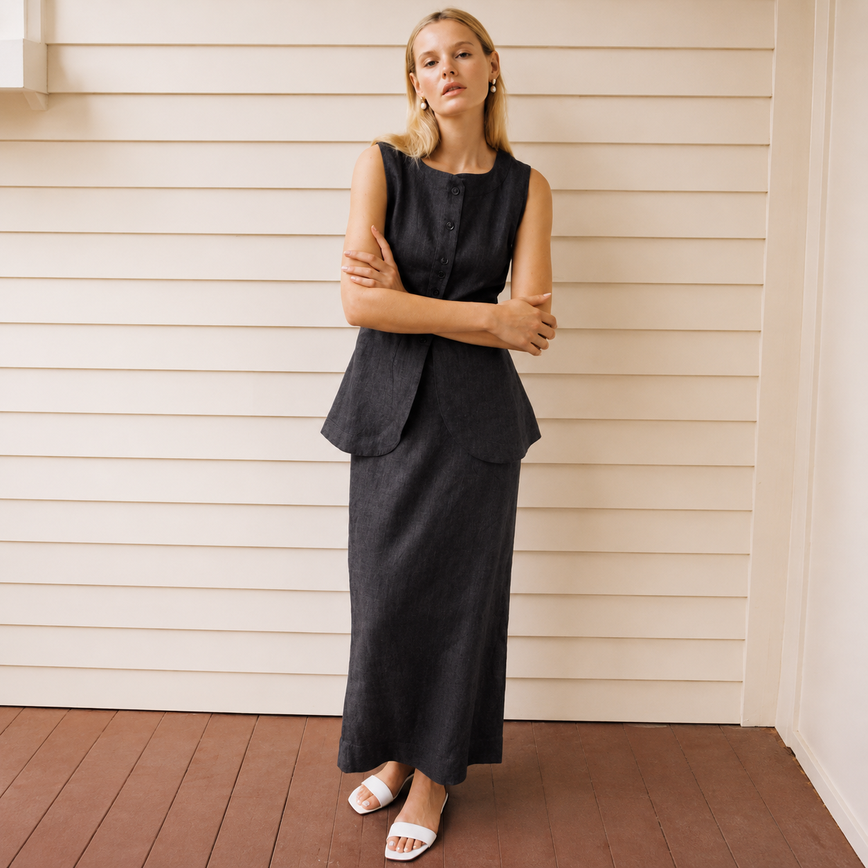 Sleeveless Button Front Vest With Long Skirt Two Piece Outfit Set For Women