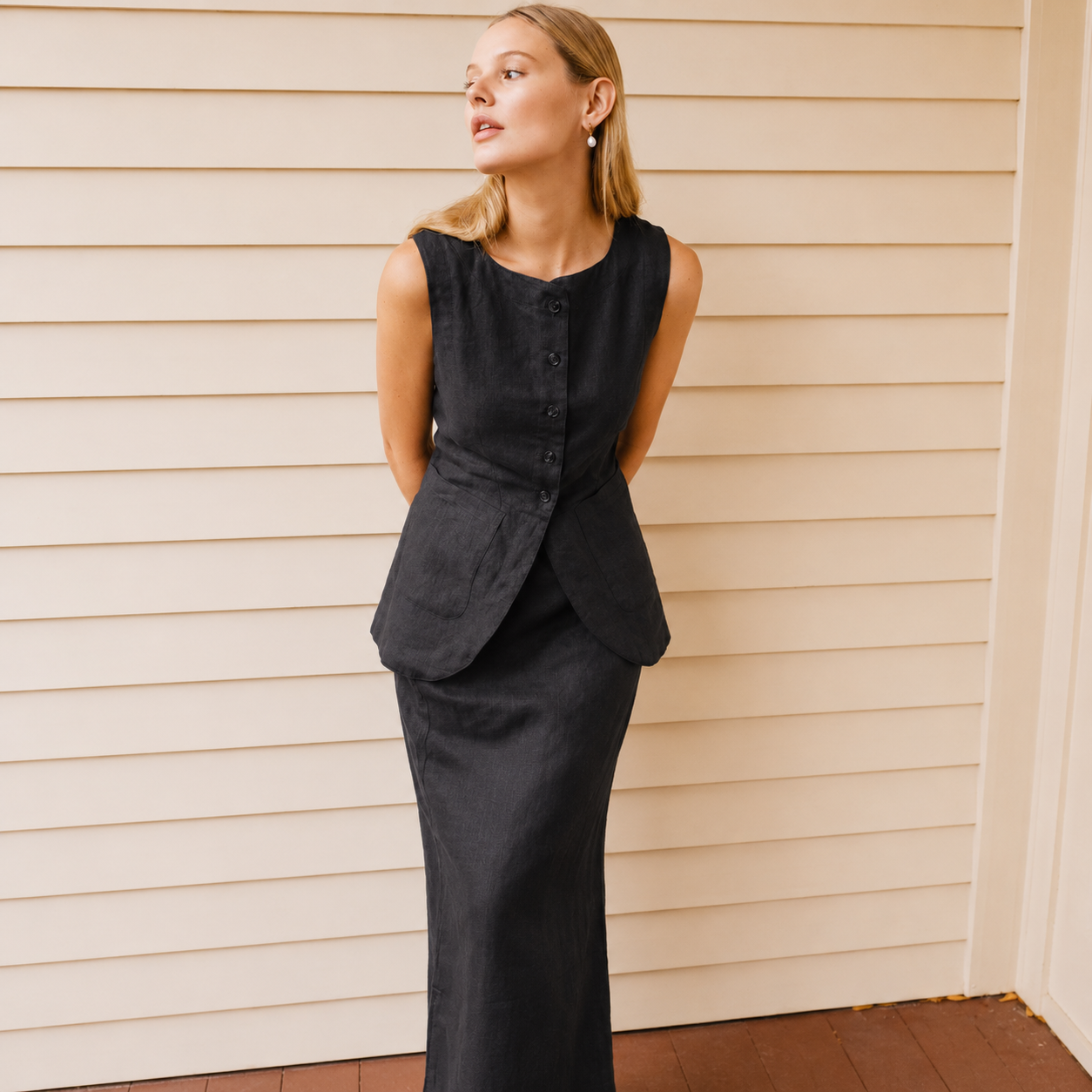 Sleeveless Button Front Vest With Long Skirt Two Piece Outfit Set For Women