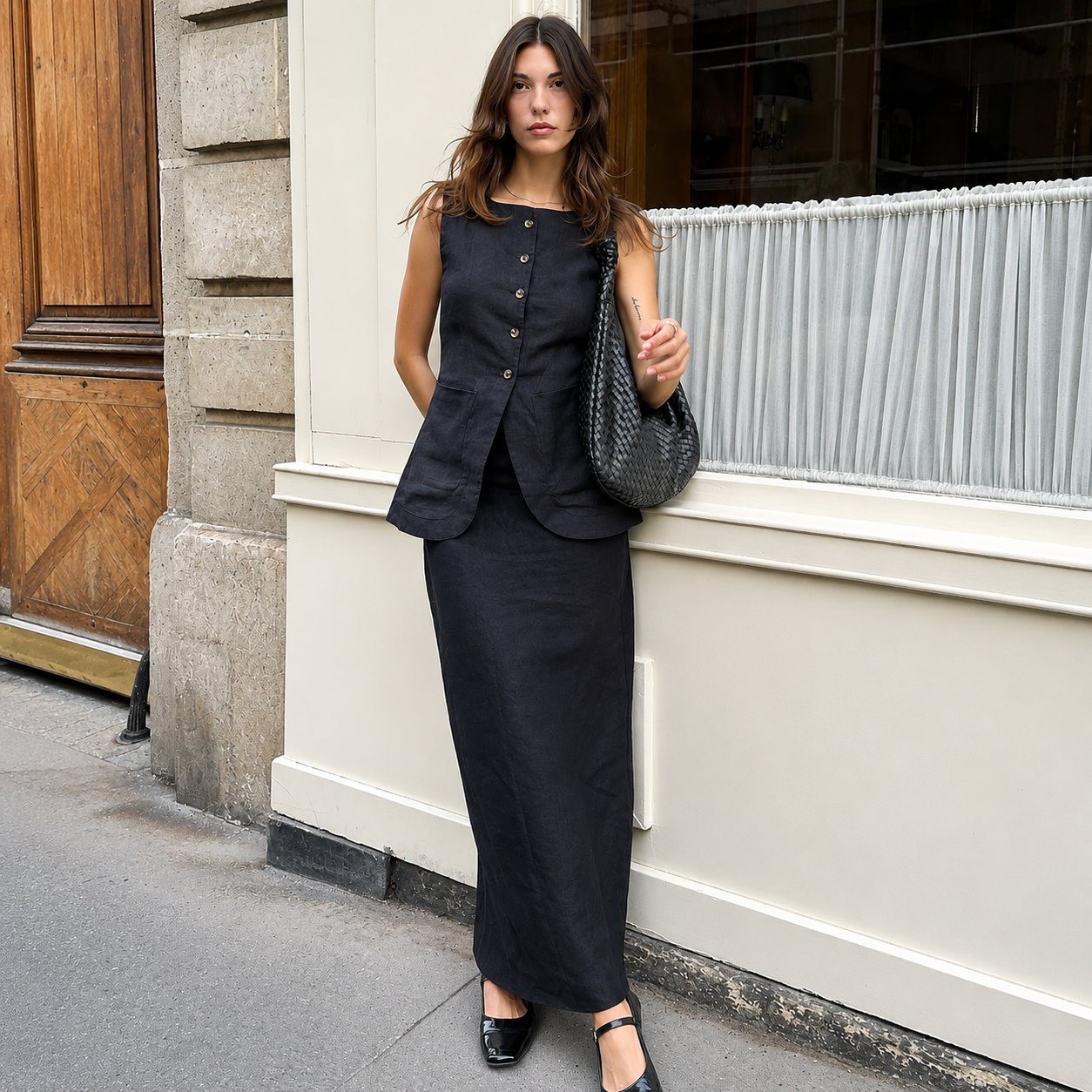 Sleeveless Button Front Vest With Long Skirt Two Piece Outfit Set For Women