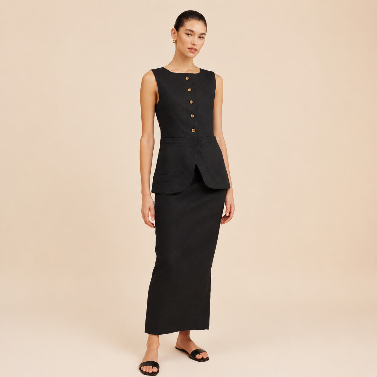 Sleeveless Button Front Vest With Long Skirt Two Piece Outfit Set For Women