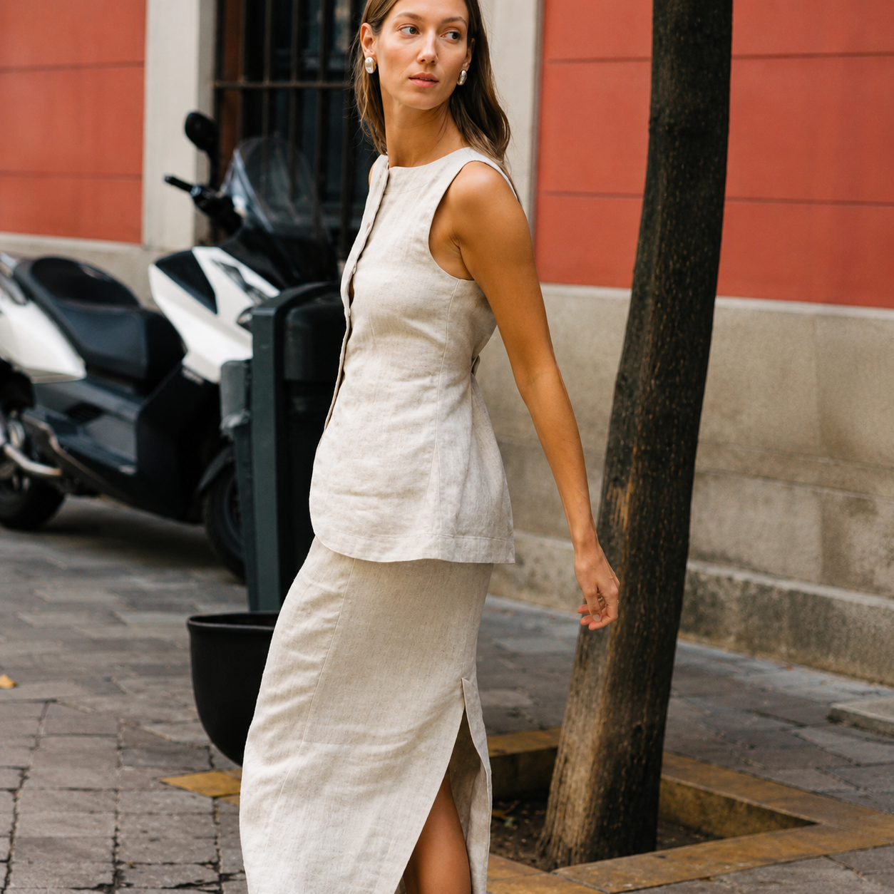 Sleeveless Button Front Vest With Long Skirt Two Piece Outfit Set For Women