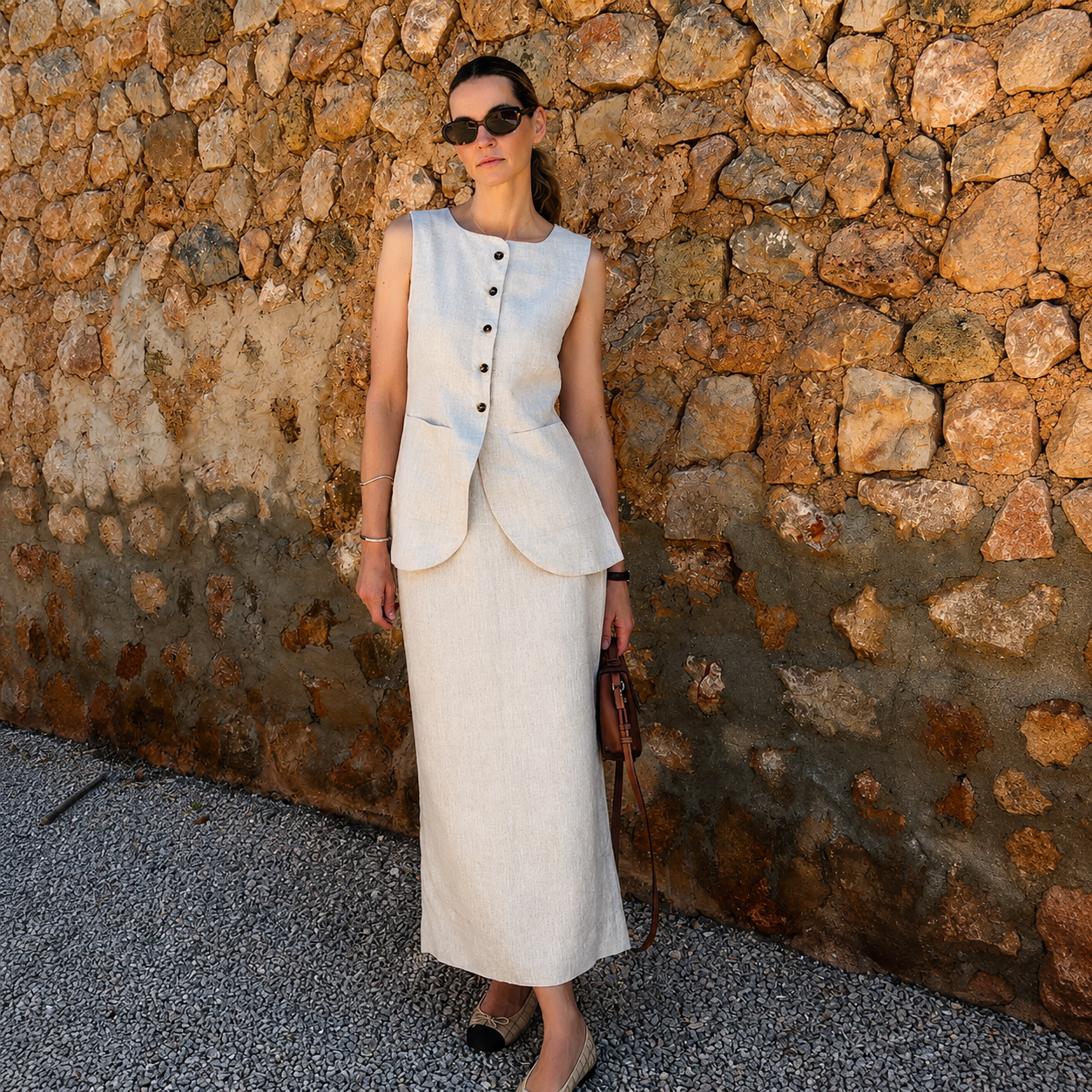 Sleeveless Button Front Vest With Long Skirt Two Piece Outfit Set For Women