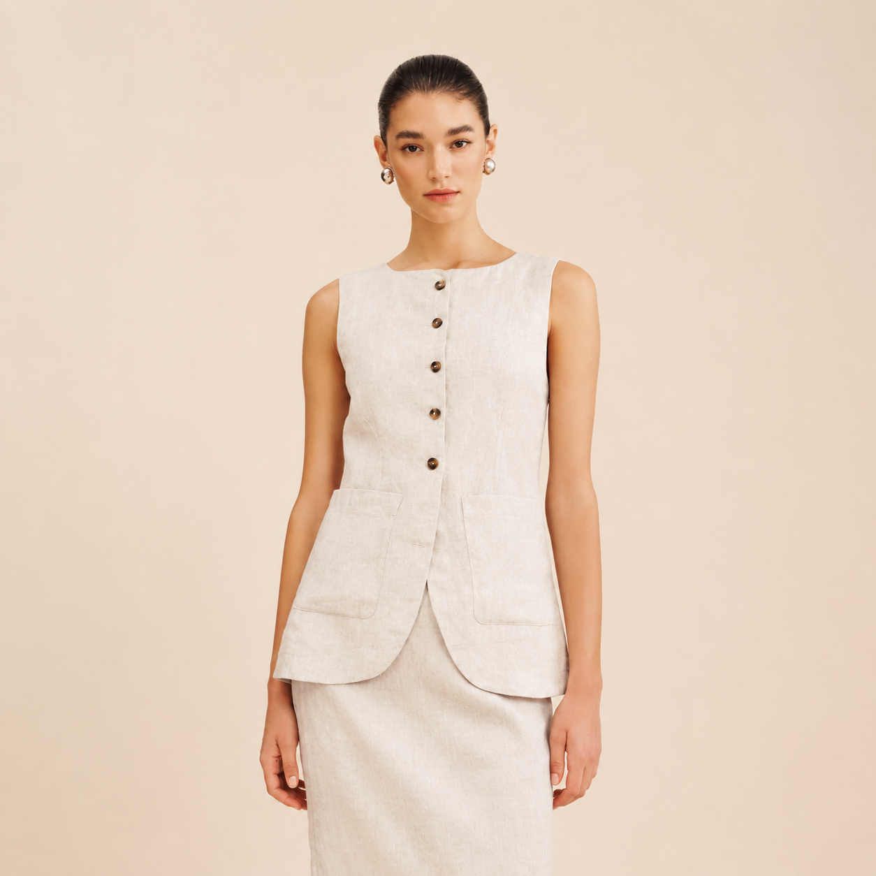 Sleeveless Button Front Vest With Long Skirt Two Piece Outfit Set For Women