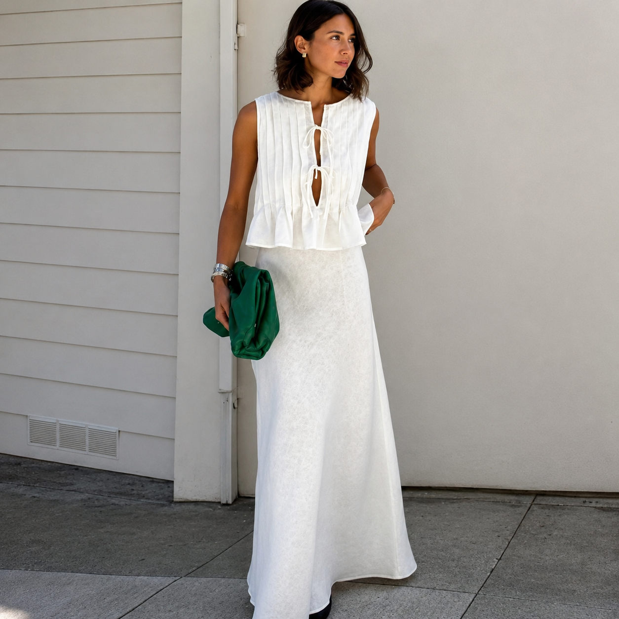 Sleeveless Lace Up Pleated Shirts With Long Skirt 2 Piece Outfit Set For Women