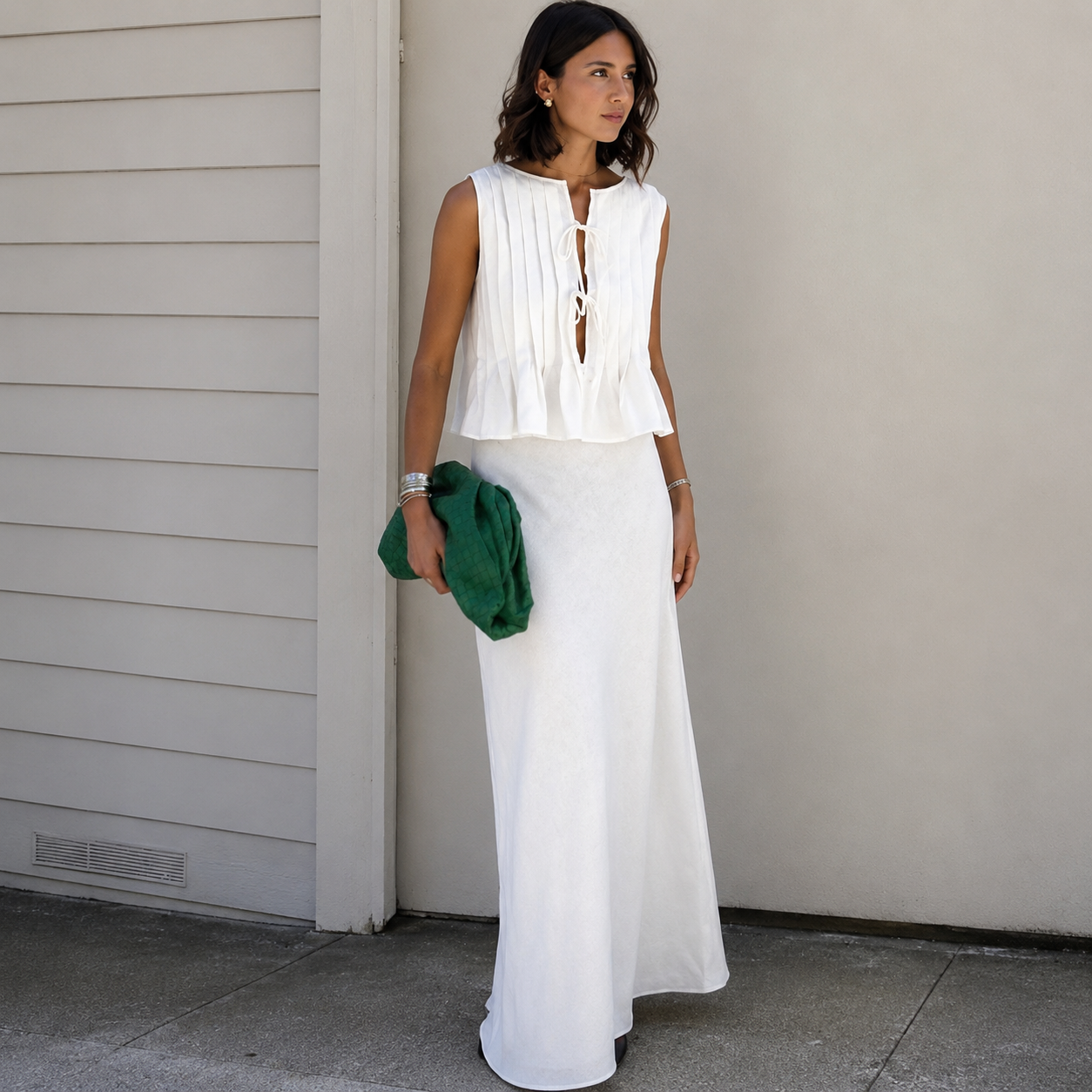 Sleeveless Lace Up Pleated Shirts With Long Skirt 2 Piece Outfit Set For Women