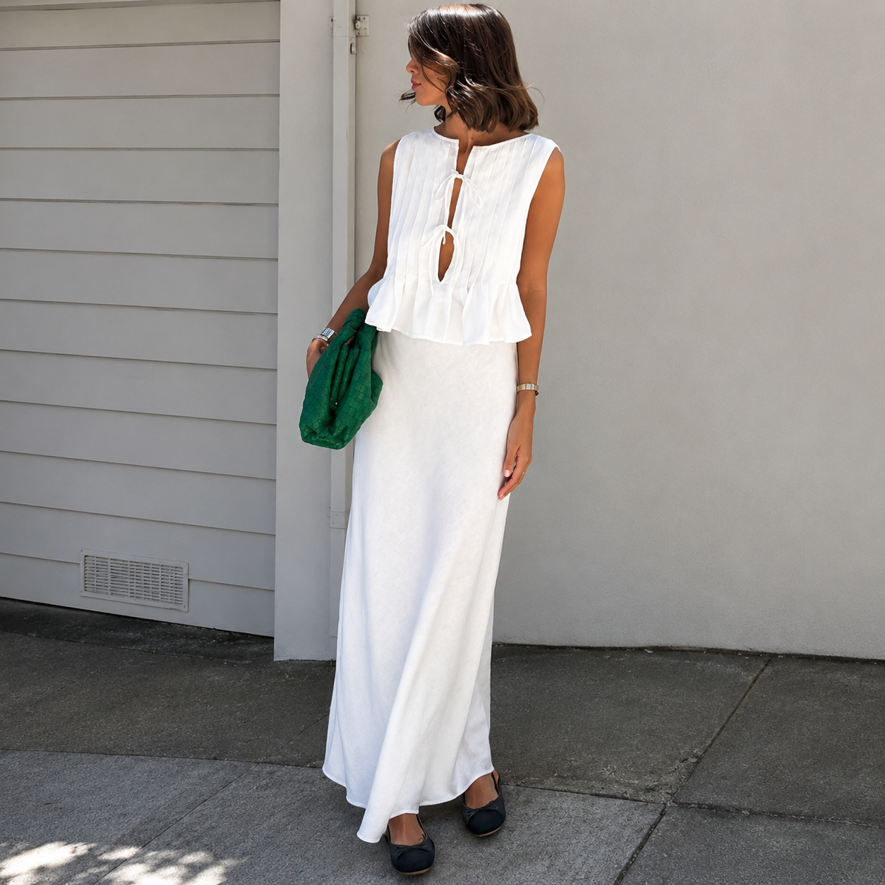 Sleeveless Lace Up Pleated Shirts With Long Skirt 2 Piece Outfit Set For Women