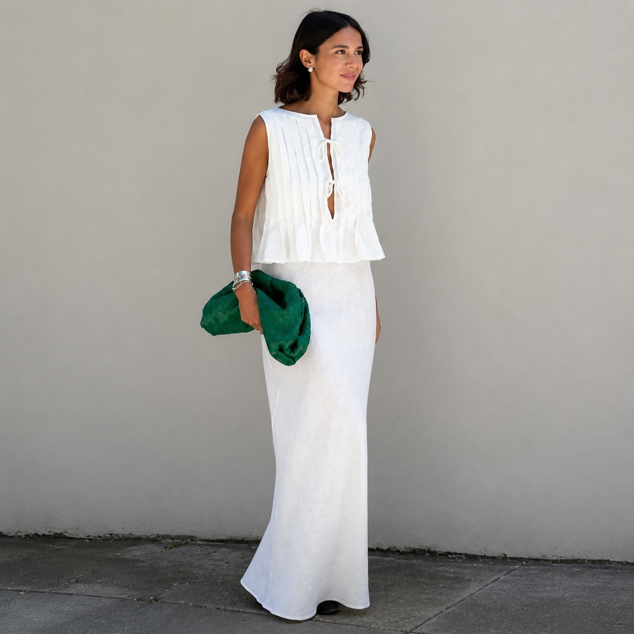 Sleeveless Lace Up Pleated Shirts With Long Skirt 2 Piece Outfit Set For Women