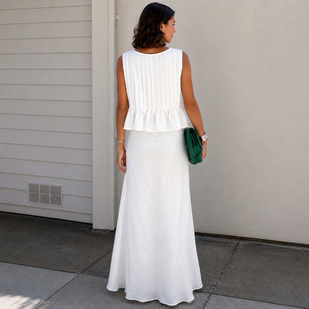 Sleeveless Lace Up Pleated Shirts With Long Skirt 2 Piece Outfit Set For Women