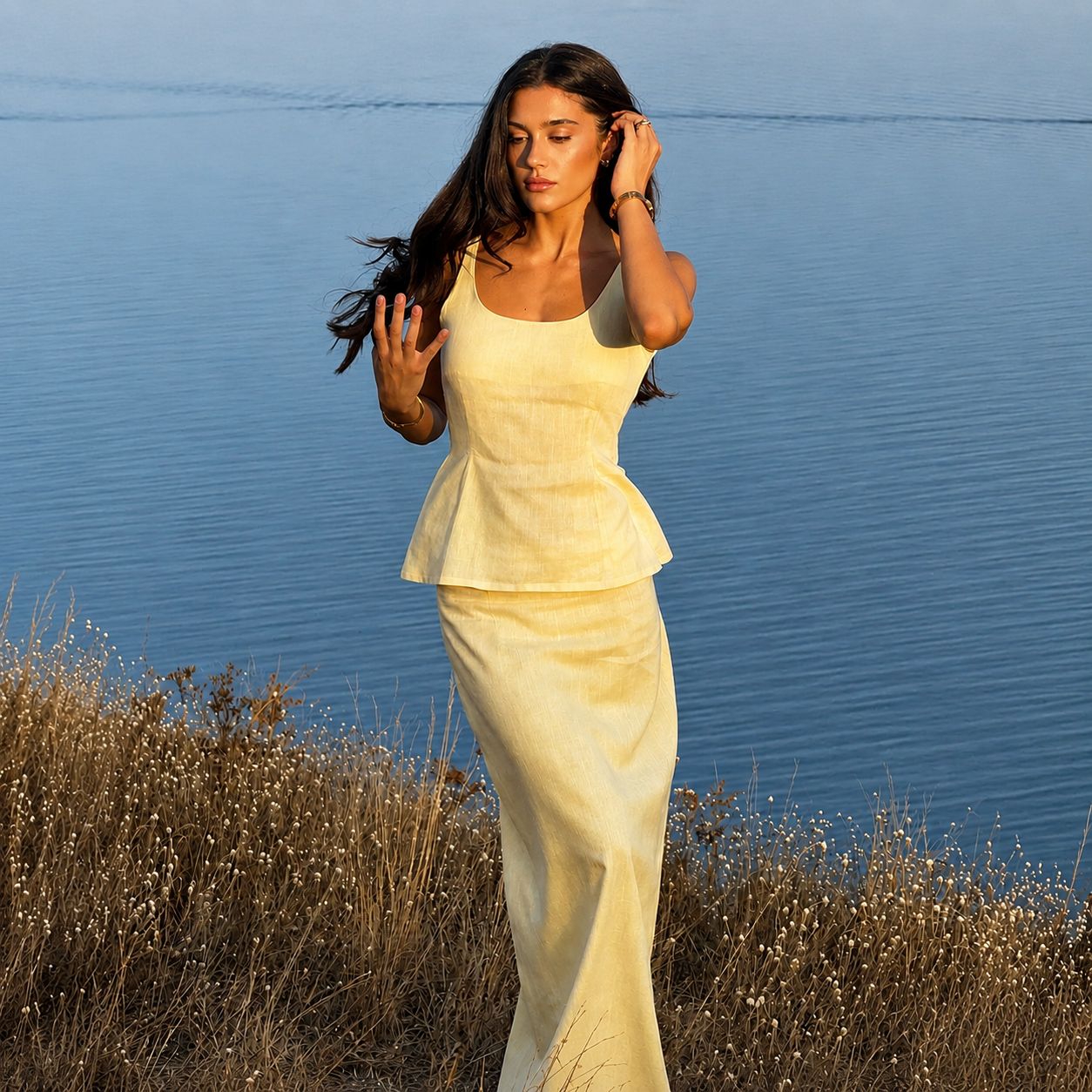 Summer Style Thin Belt Top With Strap And Long Fishtail Skirt 2 Piece Set