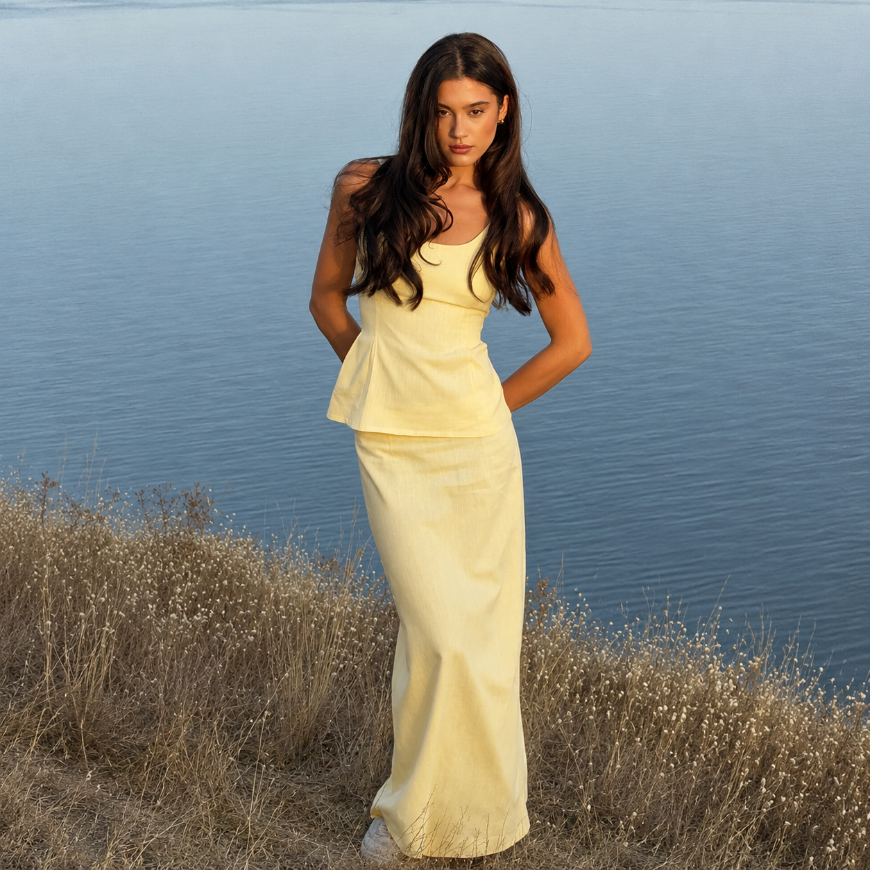 Summer Style Thin Belt Top With Strap And Long Fishtail Skirt 2 Piece Set