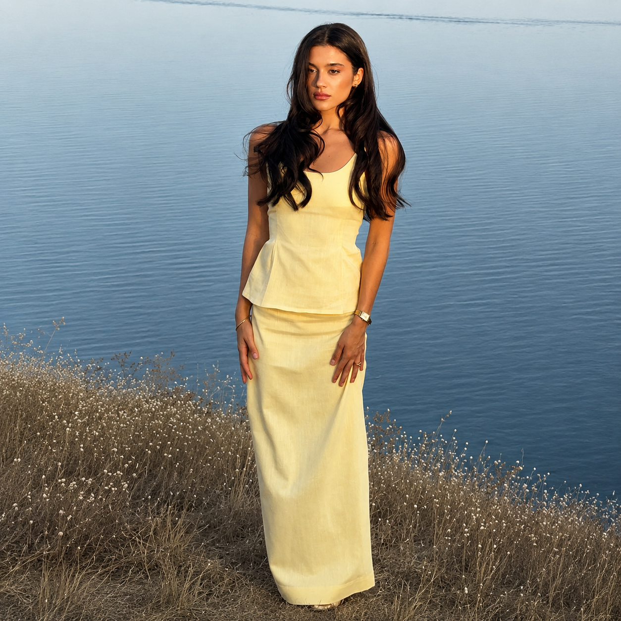 Summer Style Thin Belt Top With Strap And Long Fishtail Skirt 2 Piece Set