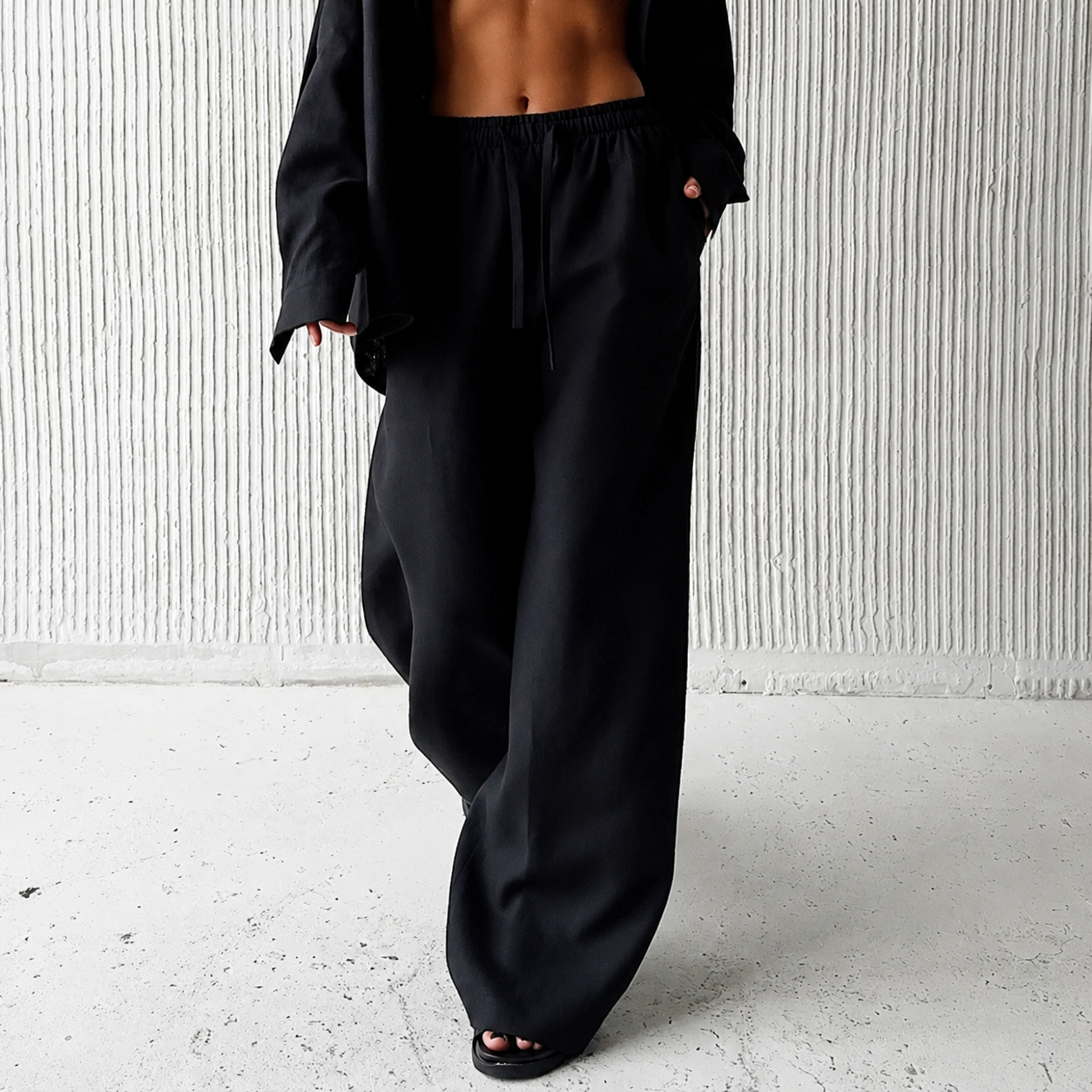 High Rise Wide Fit Casual Baggy Pants With Pocket For Women
