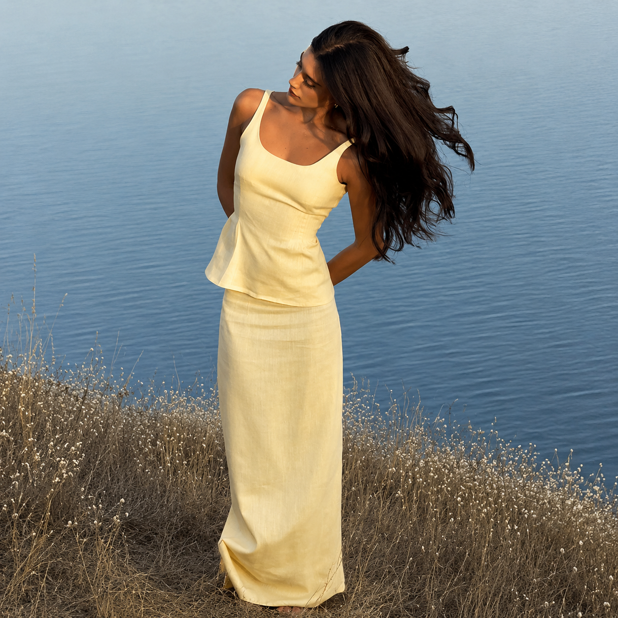Summer Style Thin Belt Top With Strap And Long Fishtail Skirt 2 Piece Set