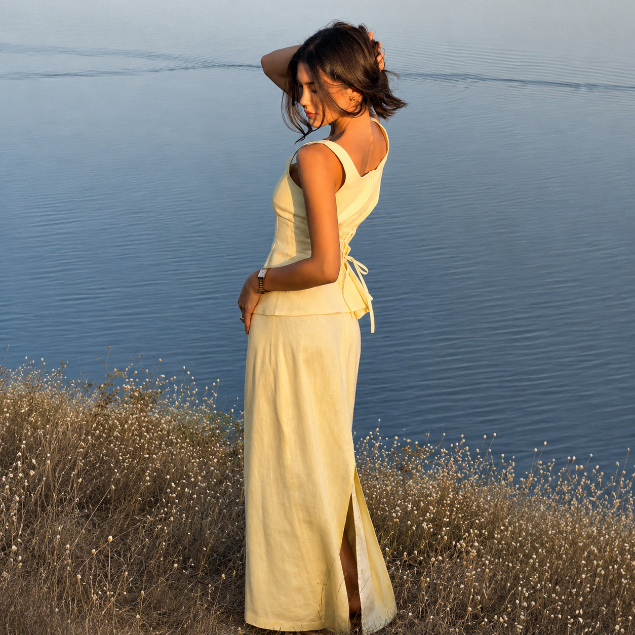Summer Style Thin Belt Top With Strap And Long Fishtail Skirt 2 Piece Set