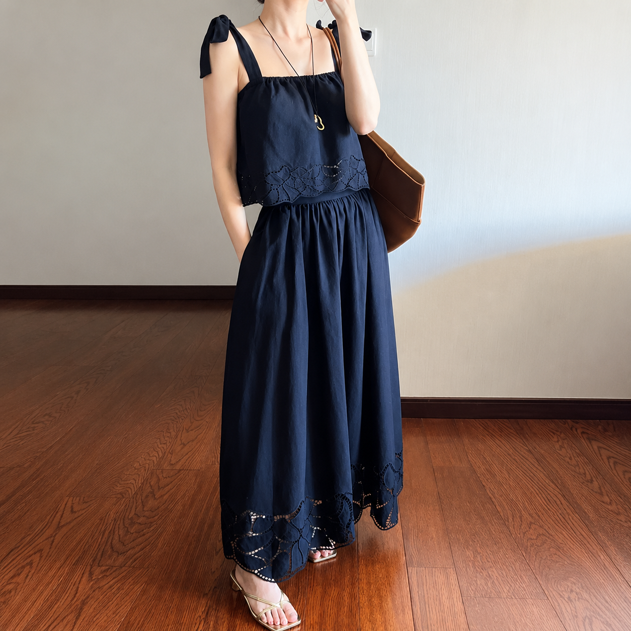 Lace Trim Sleeveless Tank Top and Midi Skirt Matching Summer Set