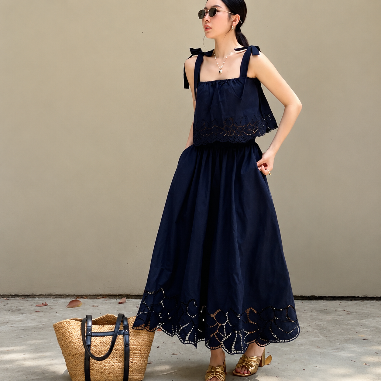 Lace Trim Sleeveless Tank Top and Midi Skirt Matching Summer Set