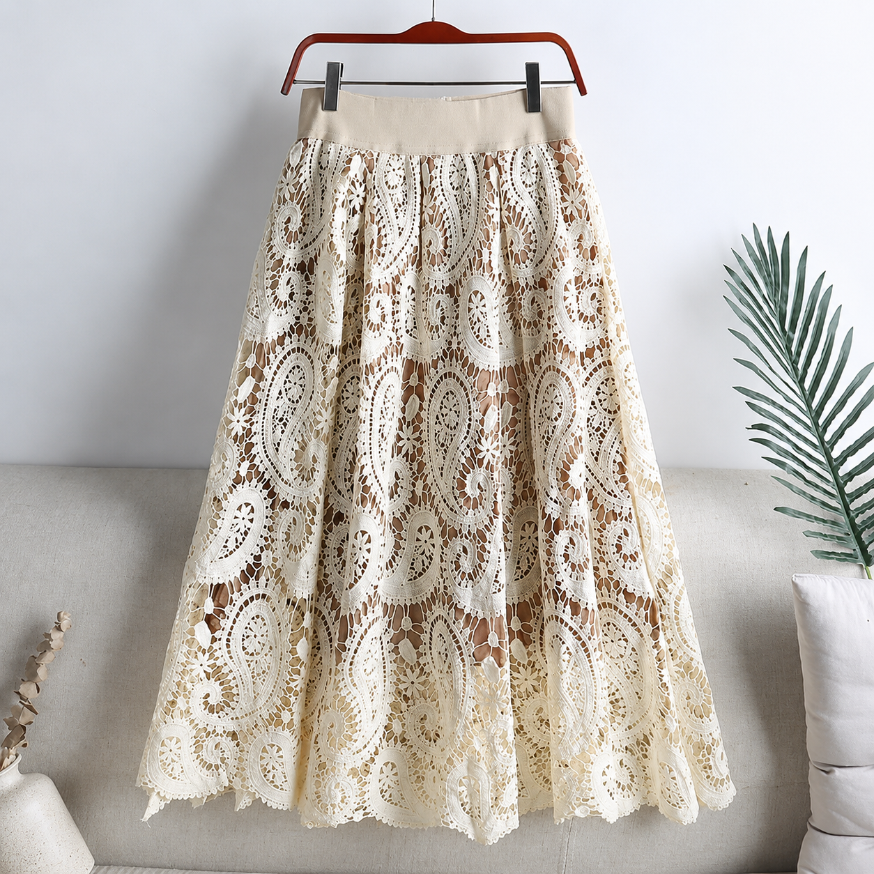 High Rise Crochet Embroidered Lace A Line Flared Midi Skirt For Women