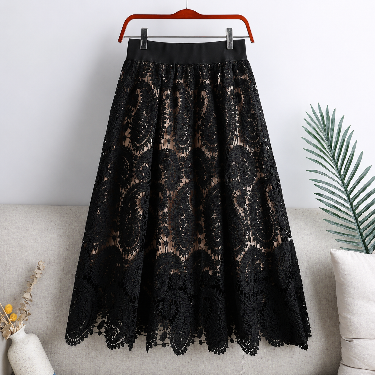 High Rise Crochet Embroidered Lace A Line Flared Midi Skirt For Women