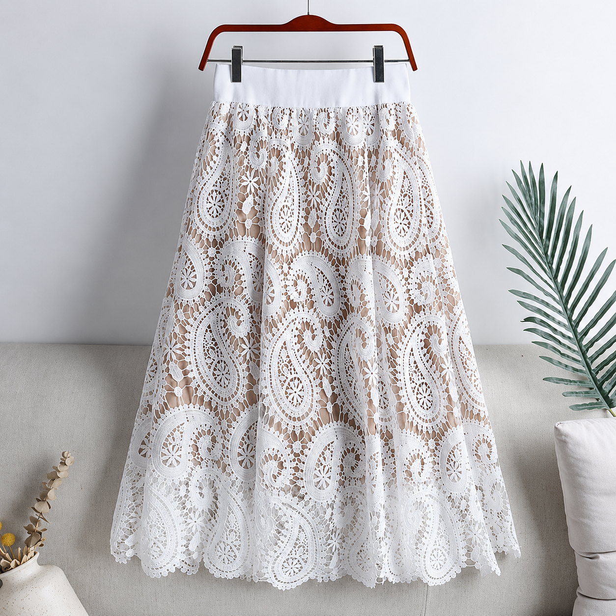 High Rise Crochet Embroidered Lace A Line Flared Midi Skirt For Women