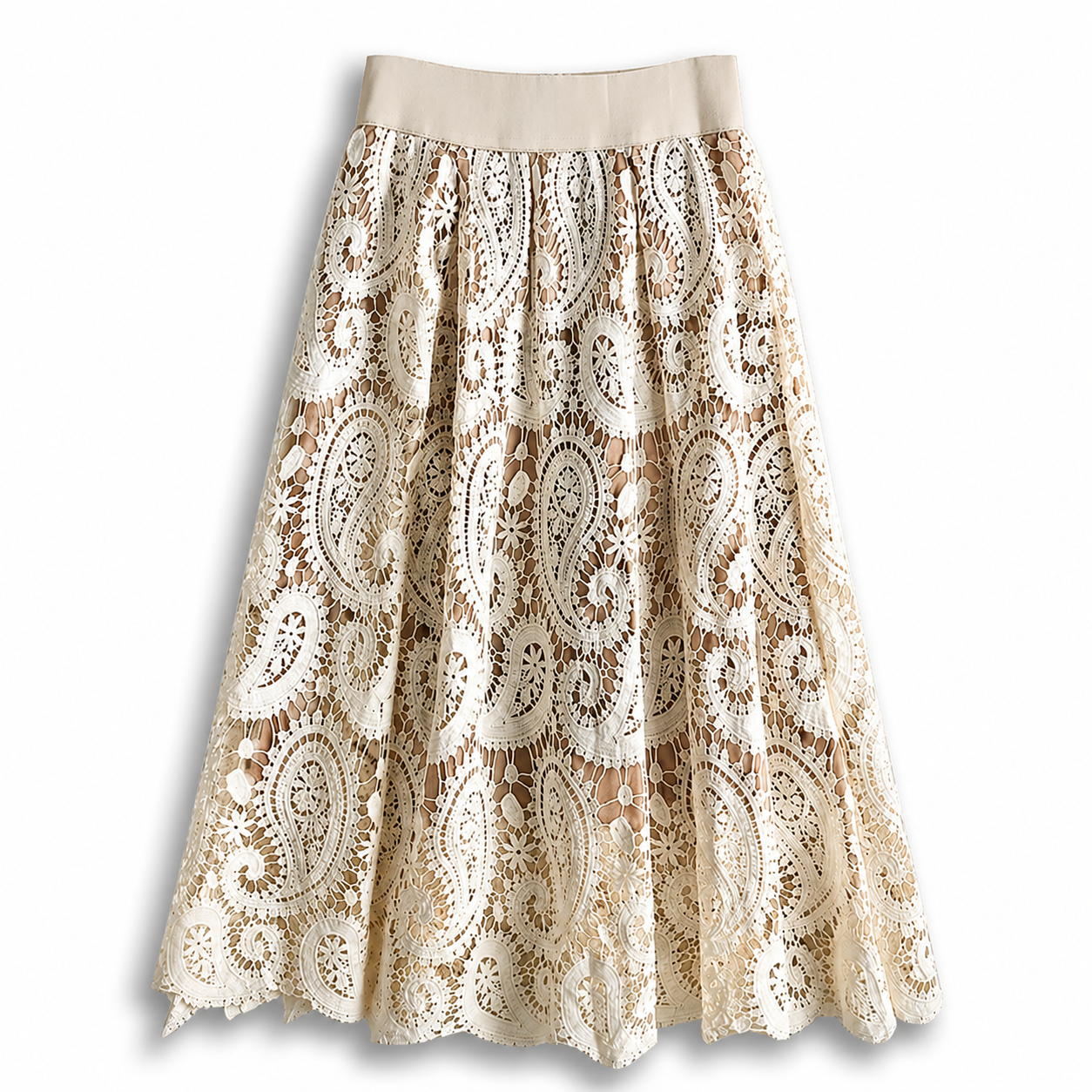 High Rise Crochet Embroidered Lace A Line Flared Midi Skirt For Women