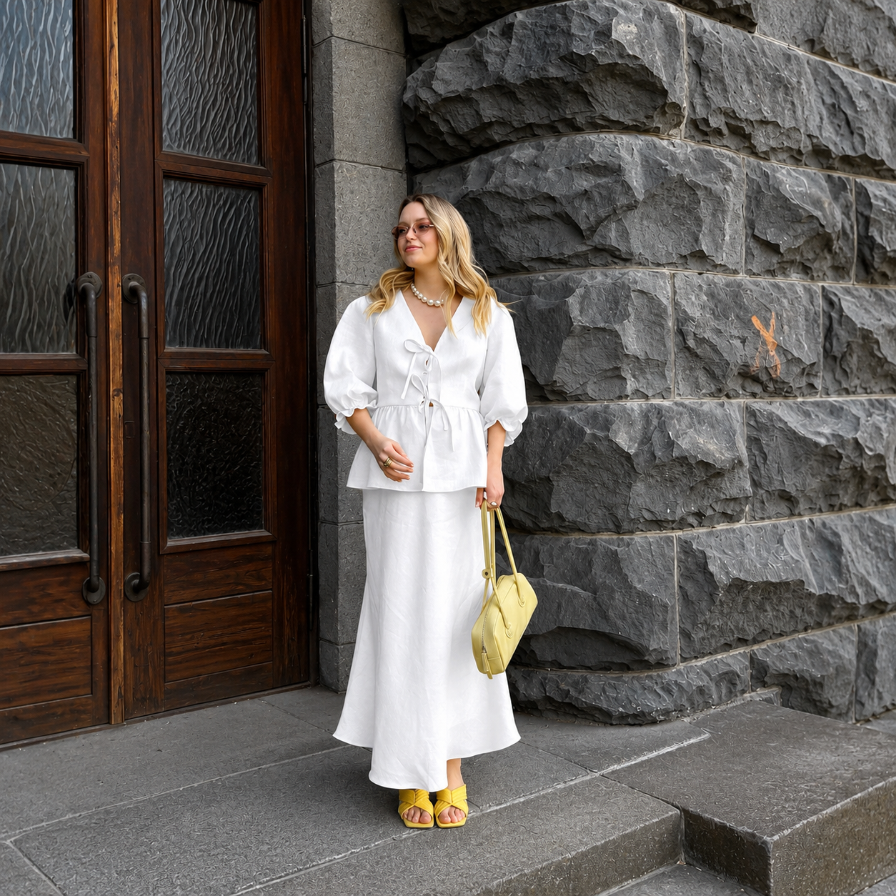 Bubble Sleeve Top And Long Skirt Matching Outfit Two Piece Set For Women