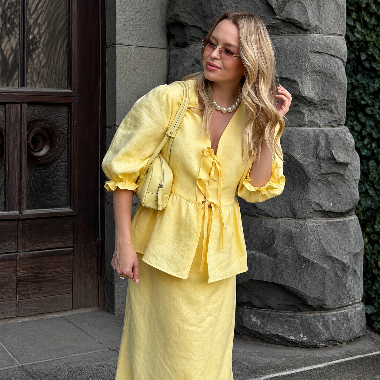 Bubble Sleeve Top And Long Skirt Matching Outfit Two Piece Set For Women