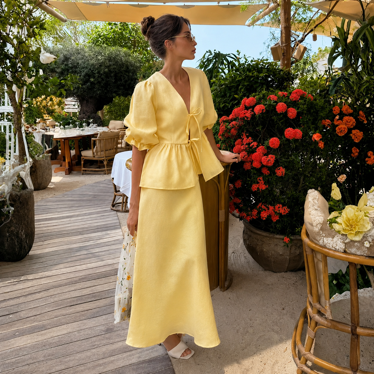 Bubble Sleeve Top And Long Skirt Matching Outfit Two Piece Set For Women