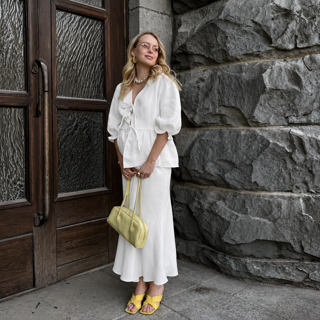 Bubble Sleeve Top And Long Skirt Matching Outfit Two Piece Set For Women